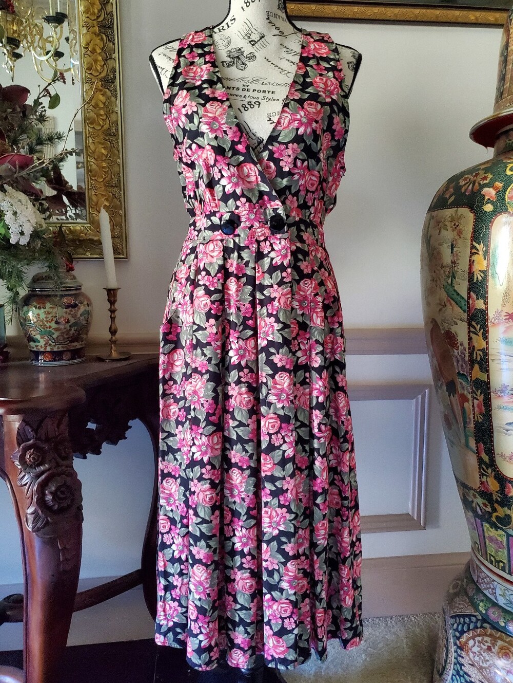 Vintage Dark Floral Jumper Dress With Pockets, 80s 90s, Pink Black